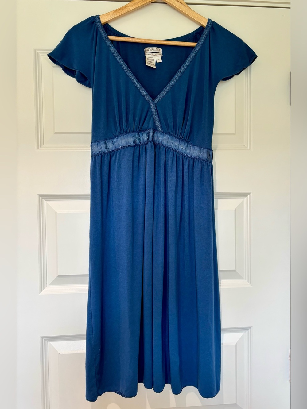 MSSP Sz S Royal Blue Jersey Knit Midi Dress Empire Waist Flutter Sleeves EUC V